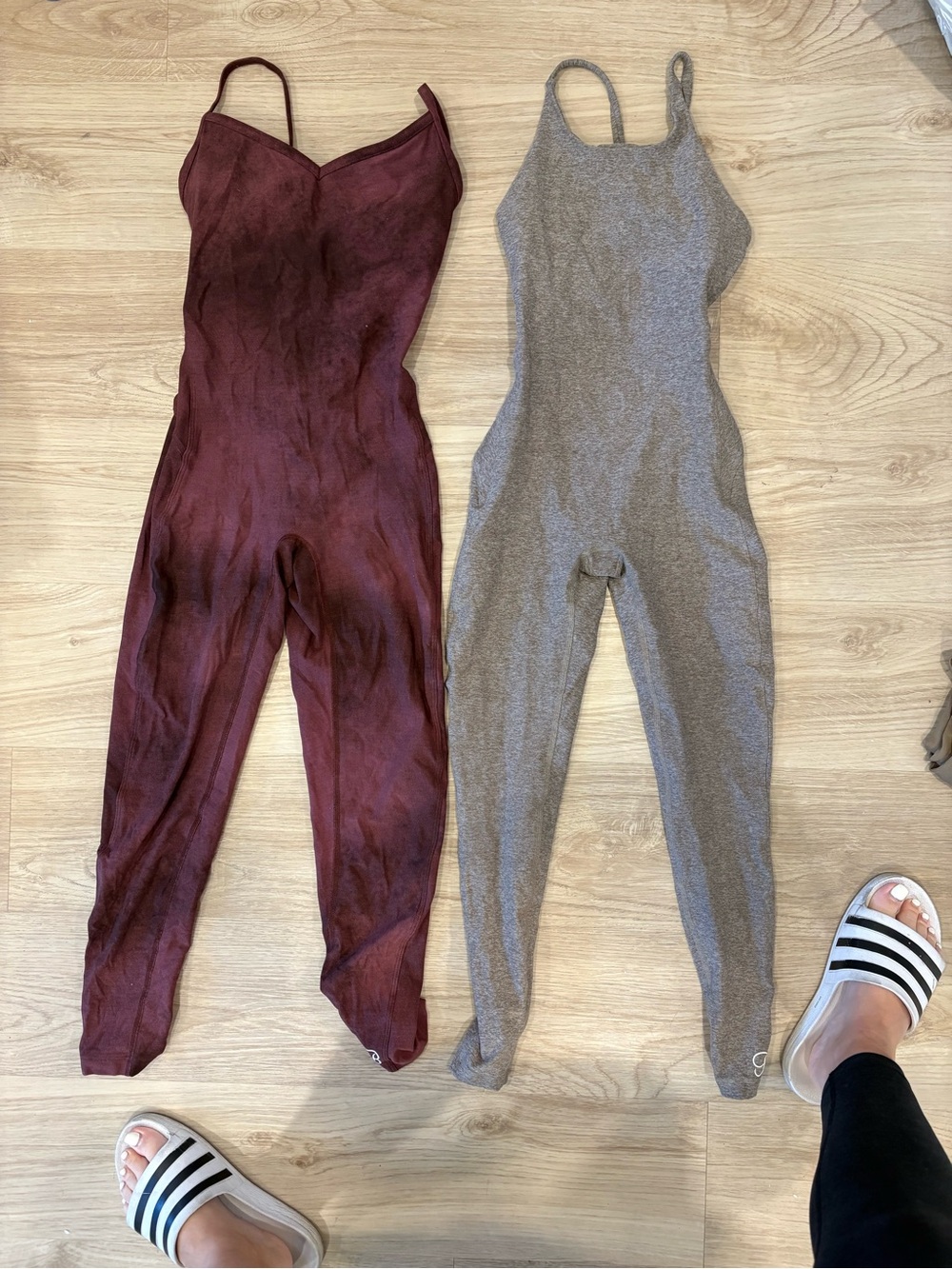 Bombshell Sportswear Ribbed Jumpsuits in Burgundy and Gray